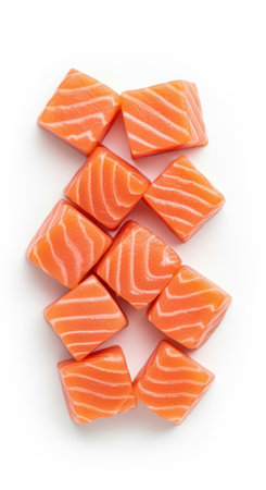 Fresh salmon cubes arranged diagonally on white background highlighting texture and vibrant orange color for culinary concepts.の素材