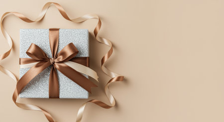 Elegant silver gift box with shimmering wrapping and brown satin ribbon on neutral background, ideal for celebrations and special occasions.の素材