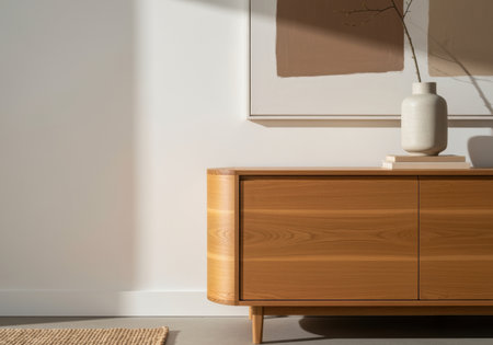 Contemporary wooden sideboard in minimalist living room with ceramic vase, abstract wall art, and natural sunlight.の素材