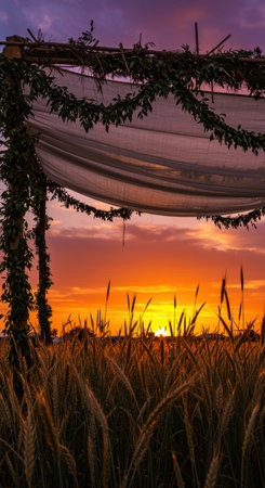 Sunset view through rustic canopy with flowing fabric and green vines over golden wheat field under vibrant orange sky.の素材