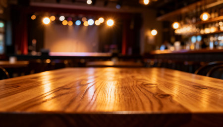 Warm ambience of an empty bar with a wooden table in focus and blurred stage lights in the background during evening hours.の素材