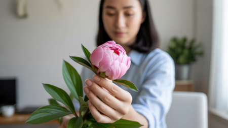 Woman gently arranging pink peony flower indoors with green foliage in a calm, serene home environment, focusing on mindfulness.の素材