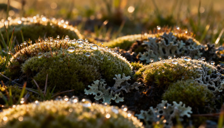 Morning sunlight illuminating dewdrops on vibrant green moss and lichen clusters in a serene natural outdoor environment.の素材