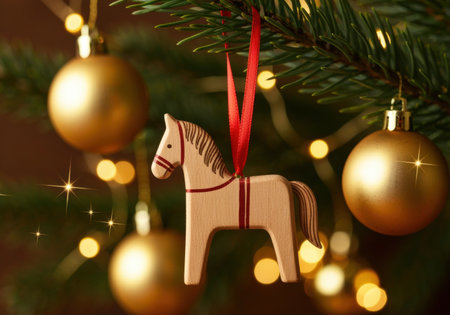 Handcrafted wooden horse ornament hanging on a Christmas tree branch with golden baubles and sparkling holiday lights.の素材