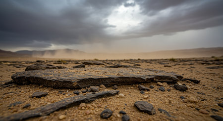 Dramatic desert landscape with dark storm clouds, rocky terrain, and sand blowing in strong wind under an overcast sky.の素材