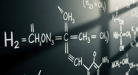 chemical structures and molecular formulas written in white chalk on a blackboard under sunlight during an organic chemistry lesson.の素材