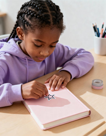 Young girl with braided hair decorating a pink notebook with a star sticker while sitting at a desk in soft natural daylight.の素材