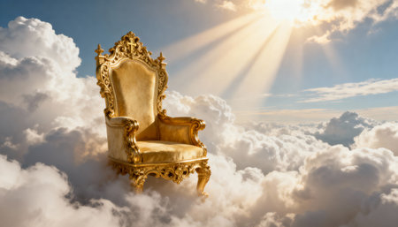 Ornate golden throne on fluffy clouds touched by ethereal sunlight beneath a radiant sky with rays breaking through the atmosphere.の素材