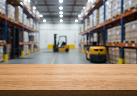 Empty wooden tabletop in front of modern warehouse interior with forklift and storage shelves filled with packages and boxes.の素材