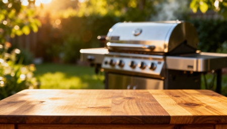 Outdoor wooden table with sunlight and modern barbecue grill in backyard ready for summer cooking and entertaining.の素材