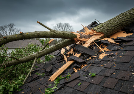Large tree crashes onto residential roof during storm, causing severe structural damage and scattered debris under dark cloudy sky.の素材