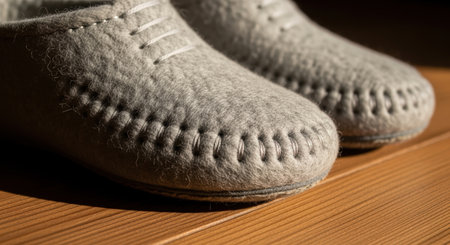 Cozy gray felt slippers on wooden floor with decorative stitching illuminated by warm sunlight in a minimalist home setting.の素材