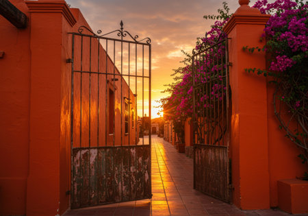 open rustic iron gate revealing narrow walkway lined with vibrant orange walls and blooming fuchsia flowers at dramatic sunset.の素材
