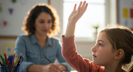 Curious young girl raising hand in classroom eager to participate in lesson with attentive teacher in background during school day.の素材