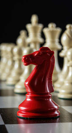 Red knight chess piece stands out in strategic formation against aligned white pieces on a chessboard in dramatic lighting.の素材