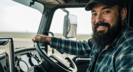 Smiling bearded man driving a large truck on a highway during the day, wearing a cap and plaid shirt, looking at the camera.の素材