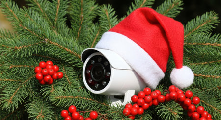 Surveillance camera adorned with santa hat nestled in festive fir branches and red berries for holiday season security concept.の素材