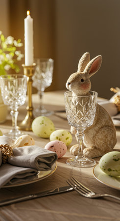 Elegant easter table setting with crystal glasses, decorative bunny, pastel eggs, golden candle, and natural spring sunlight.の素材