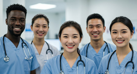 Diverse team of young healthcare professionals in scrubs smiling confidently in a modern hospital environment.の素材