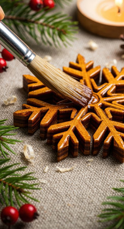 Hand brushing varnish onto a carved wooden snowflake ornament surrounded by pine branches, candlelight, and festive decorations.の素材