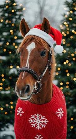 Chestnut horse in festive red sweater and santa hat standing outdoors with twinkling lights and evergreen trees in winter.の素材