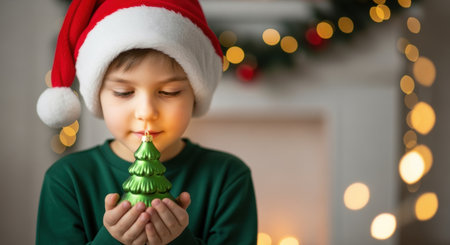 Little boy in santa hat admiring a glowing Christmas tree ornament indoors with festive lights and cozy holiday atmosphere.の素材