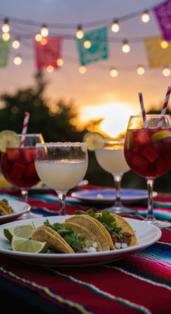 Traditional mexican tacos with margaritas and sangria on colorful table at sunset, festive atmosphere with papel picado decorations.の素材