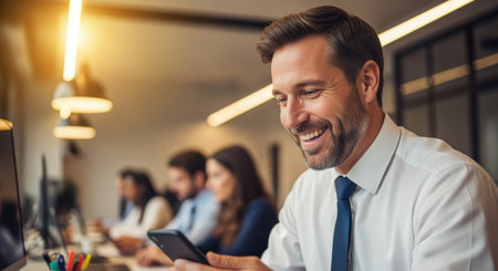 Confident businessman in modern office smiling while using smartphone, colleagues working in background, teamwork and productivity.の素材
