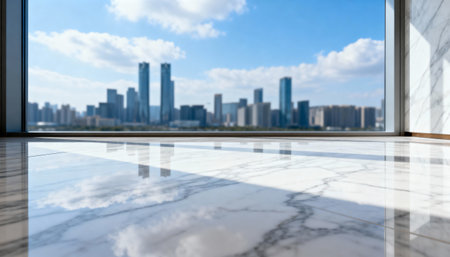 Modern high rise city skyline viewed through large panoramic window from empty marble floor interior on a bright sunny day.の素材