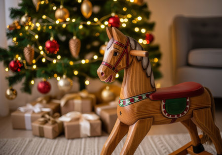 Wooden rocking horse in festive living room with Christmas tree, glowing ornaments, and wrapped gifts during holiday season.の素材