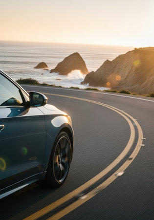 Luxury car driving along a winding coastal road at sunset with ocean waves crashing on rocky cliffs in the background.の素材