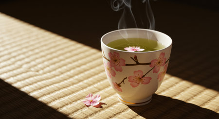 Steaming cup of green tea in floral ceramic with cherry blossom on traditional tatami mat under natural sunlight.の素材