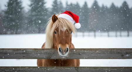 Adorable brown pony wearing a festive santa hat in a snowy winter landscape with falling snow and pine trees in the background.の素材