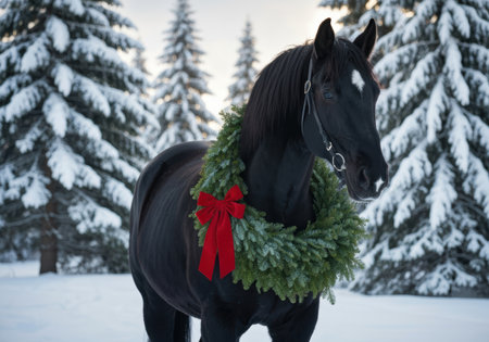 Elegant black horse wearing festive green wreath with red ribbon, standing in snowy evergreen forest during winter sunrise.の素材