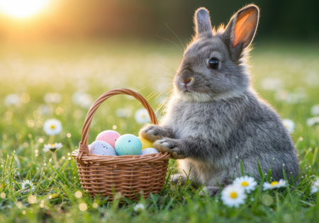 Adorable gray bunny sitting in meadow with wicker basket of colorful easter eggs surrounded by blooming daisies at sunrise.の素材