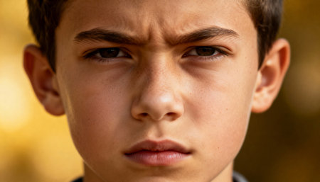 Serious young boy with intense expression gazing directly at camera outdoors in natural golden sunlight with close up focus.の素材