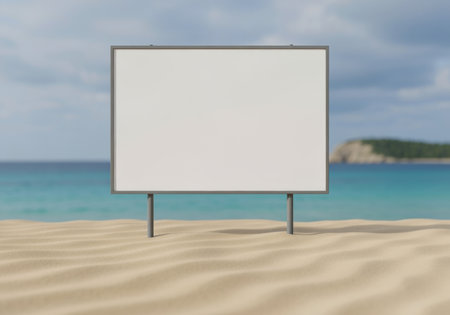 Large bill blankboard sign placed on sandy beach under blue sky with sea waves and distant cliffs in the background.の素材