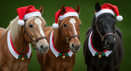 Three festive horses wearing red santa hats and holiday collars standing together against a lush green background.の素材