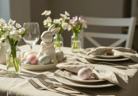 Elegant spring table setting with pastel easter eggs, ceramic rabbit centerpiece, and fresh flowers in glass vases.の素材