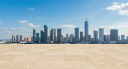 Empty tiled rooftop with city skyline background on a sunny day and clear blue sky, urban architecture perspective view.の素材