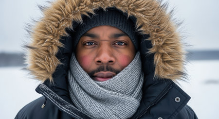 Portrait of an African American man outdoors in winter attire, bundled up with scarf, beanie, and parka with a fur lined hood.の素材