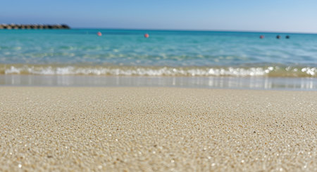 Golden sand and clear turquoise sea under bright sky with tranquil waves and distant swimmers on a sunny summer day at the shore.の素材