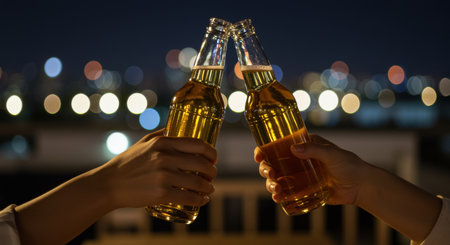 Hands clinking beer bottles together at night with bokeh city lights in the background, celebrating friendship and good times.の素材