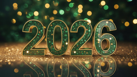 Green sparkling 2026 numbers standing on golden glittery surface with festive glowing bokeh lights in the background.の素材
