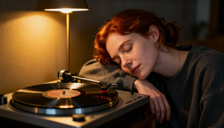Red haired woman resting beside spinning vinyl record player under warm lamp light, enjoying peaceful music moment at night.の素材