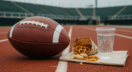 American football on stadium track with plastic cup of sparkling water, snack bag of pretzels, peanuts, and crackers before a game.の素材