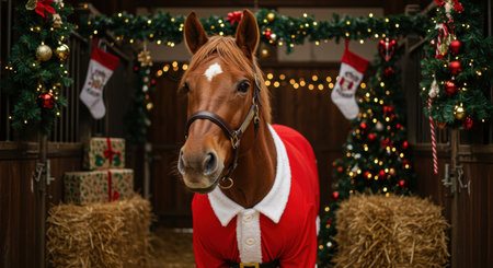 chestnut horse in festive santa outfit standing in decorated stable with christmas tree, stockings, and glowing holiday lights.の素材