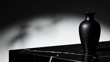 Elegant matte black ceramic vase displayed on a polished marble surface with dramatic lighting and subtle shadow in a minimalist setting.の素材