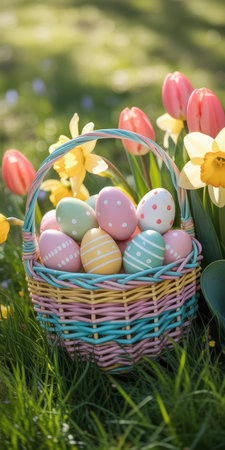 Pastel easter eggs arranged in a woven basket with blooming tulips and daffodils in a vibrant spring garden setting.の素材