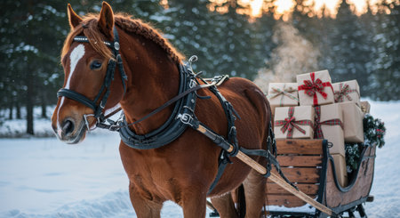 Brown horse pulling wooden sleigh filled with wrapped gifts through snowy forest landscape during winter holiday season.の素材